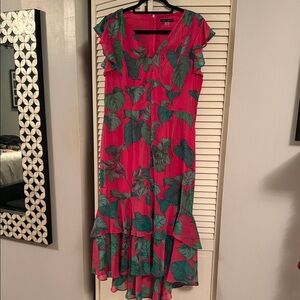 Tommy Hilfiger Hot Pink Dress with Green Leaf Print High-Low Ruffle